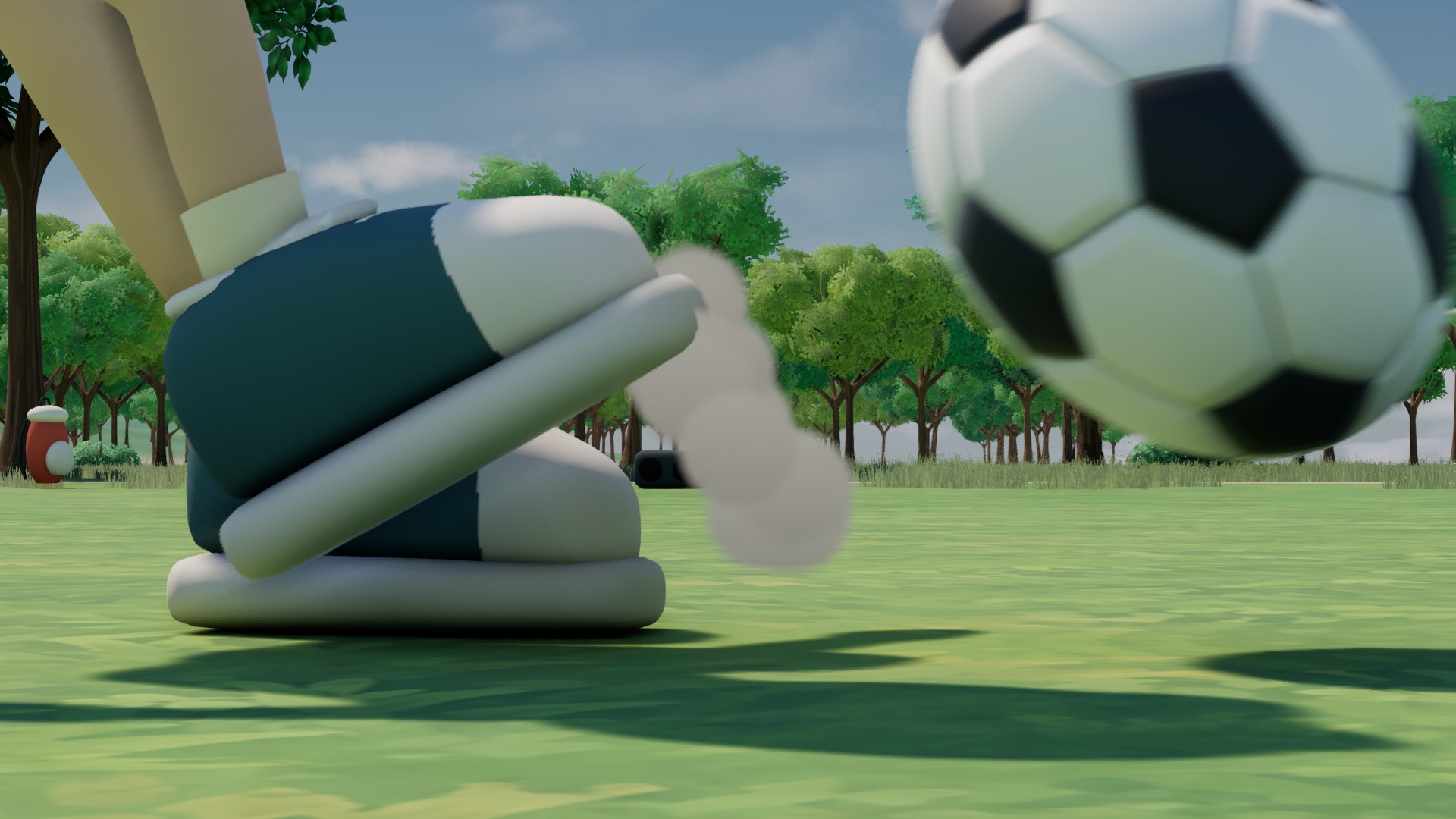 Slow-motion close-up of a cartoon boot striking a football on park grass.