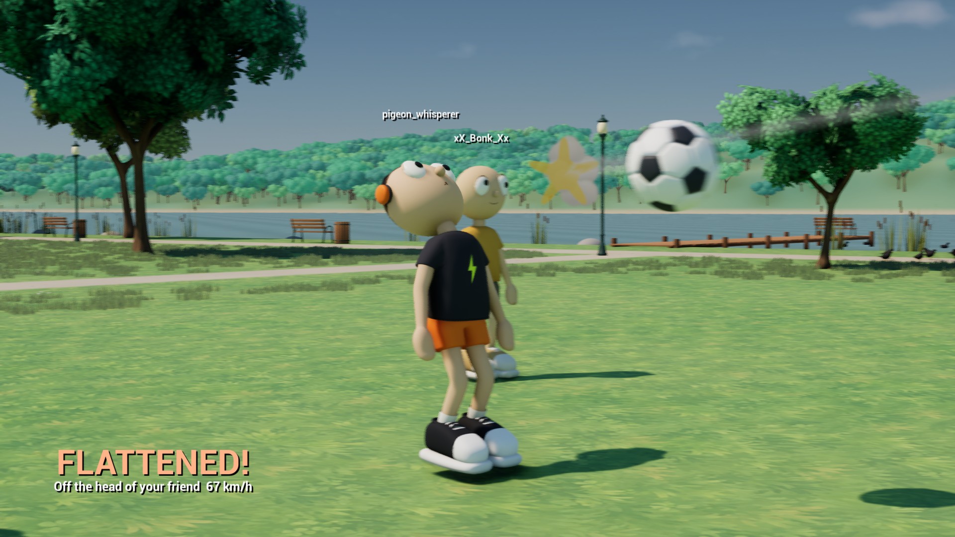 A football bounces off a player's head while the on-screen banner reads FLATTENED!
