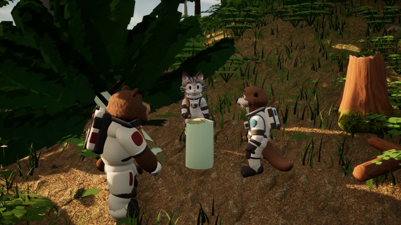 The crew gathers by a chopped tree in the forest.