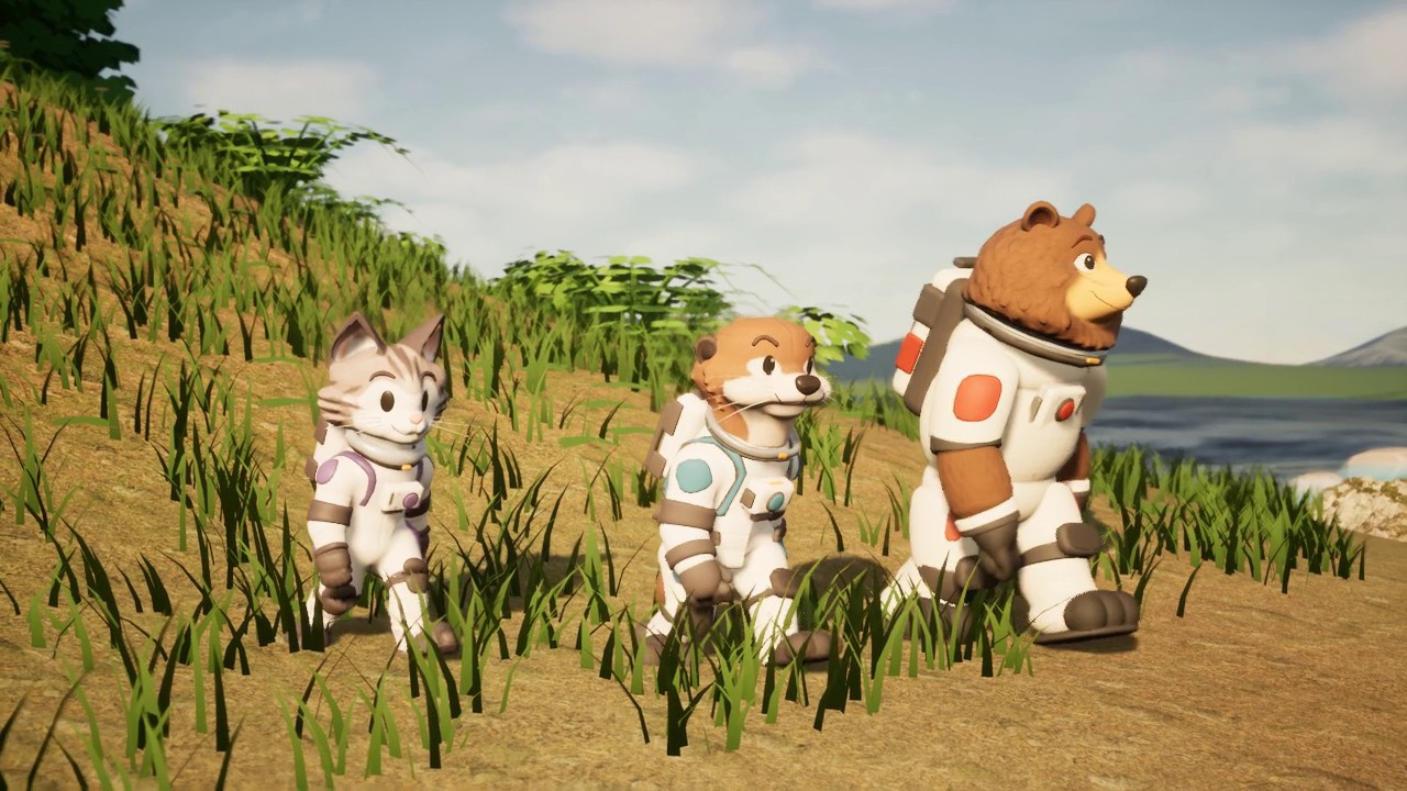 The spacesuited crew strolls through tall grass beside the sea.